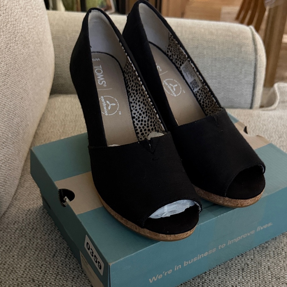 TOMS Black Peep Toe Wedges with Ortholite foam